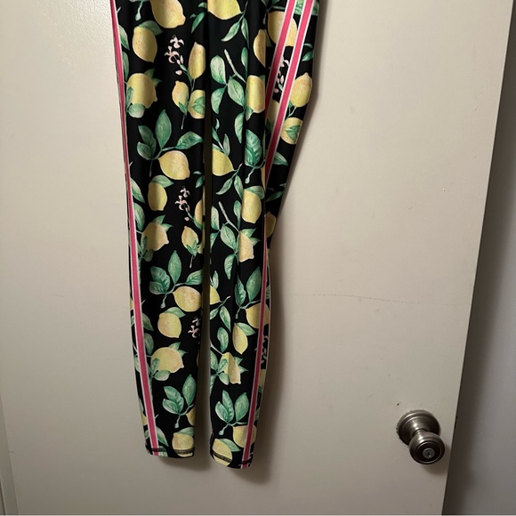 Emily HSU Designs Black High Waisted Lemon Print Pink & White Striped Leggings S - Picture 5 of 15